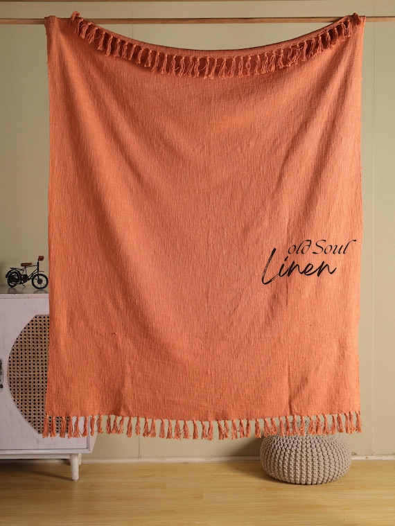 Handwoven Rust Throw Blanket – Burnt Orange Cotton Bedspread