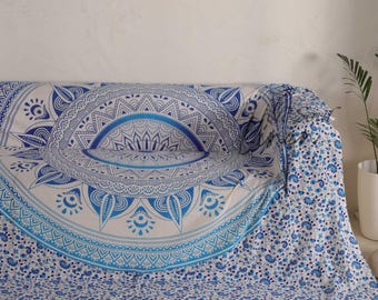 Bohemian Mandala Sofa Cover: Blue & White Cotton Couch Throw