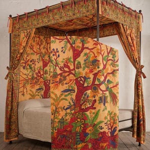 Boho Floral Canopy Bed Curtains, Vintage Indian Print Four Poster Bed Drapes, Decorative Bedroom Canopy Set