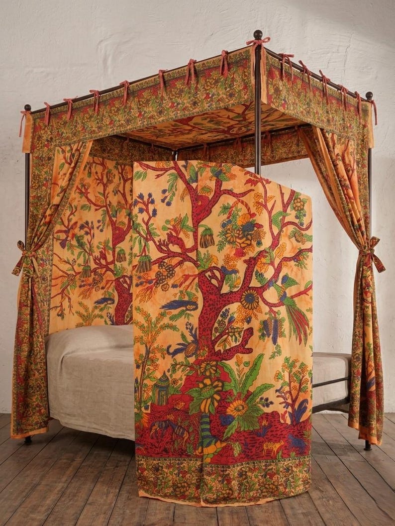 Boho Floral Canopy Bed Curtains, Vintage Indian Print Four Poster Bed Drapes, Decorative Bedroom Canopy Set