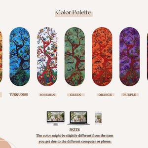 Puede incluir: Paleta de colores con siete dise&ntilde;os verticales con temas de &aacute;rboles en varios colores: amarillo-naranja, turquesa, bohemio, verde, naranja, morado y arco&iacute;ris. Cada dise&ntilde;o tiene una ilustraci&oacute;n de &aacute;rbol. El texto "Color Palette" est&aacute; en la parte superior.