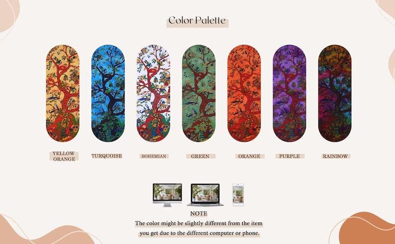 Puede incluir: Paleta de colores con siete dise&ntilde;os verticales con temas de &aacute;rboles en varios colores: amarillo-naranja, turquesa, bohemio, verde, naranja, morado y arco&iacute;ris. Cada dise&ntilde;o tiene una ilustraci&oacute;n de &aacute;rbol. El texto "Color Palette" est&aacute; en la parte superior.