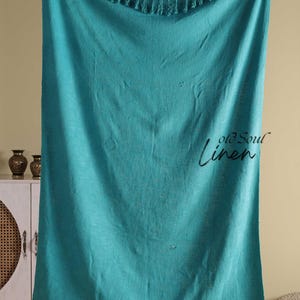 Teal Green Blanket Throw Boho Sofa Cover, Lightweight Cotton Blanket, Ethnic Decor, Fringe Blanket for Sofa or Bed