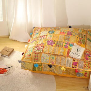Boho Yellow Patchwork Floor Pillow Cover, 35×35 – Embroidered Meditation Cushion & Home Décor