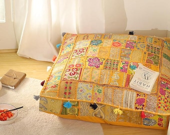 Boho Yellow Patchwork Floor Pillow Cover, 35×35 – Embroidered Meditation Cushion & Home Décor
