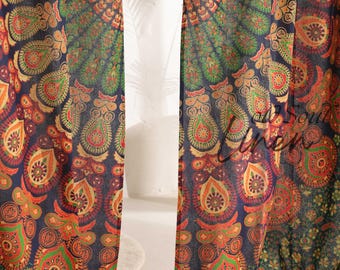Mandala Cotton Curtains - Boho Window or Bed Canopy Drape - Two Panel Set