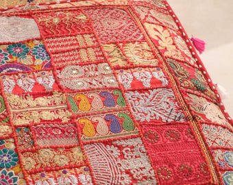 Embroidered Patchwork Floor Cushion Cover: Boho Indian Ottoman Pillow