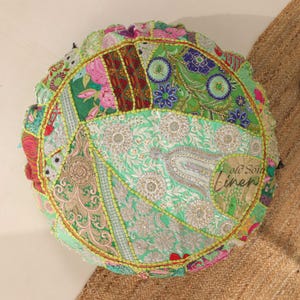 Boho Floor Cushion Cover 32” Vintage Patchwork Pouf Ottoman, Embroidered Round Pillow, Indian Bohemian Home Decor, Meditation Seating Green