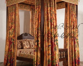 Decorative Canopy Bed Drapes, Boho Floral Tree of life Curtains for Four Poster Bed, Vintage Style Bedroom