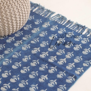 Indian Blue Floral Area Rug - Hand Block Printed Indigo Cotton Rug - Boho Christmas Décor - Washable Blue Floral Kilim - Jaipur Traditional