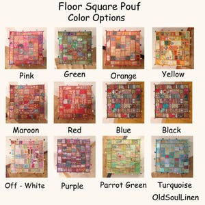 Pode incluir: Uma colagem de 10 pufes quadrados de diferentes cores com borlas. Os pufes são feitos de tecido patchwork e estão disponíveis em rosa, verde, laranja, amarelo, castanho, vermelho, azul, preto, branco quebrado, roxo, verde papagaio e turquesa.