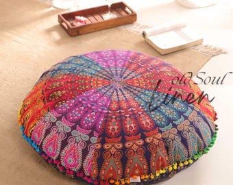 Mandala Floor Pillow Cover: Round Bohemian Meditation Cushion, 22/32 Inch