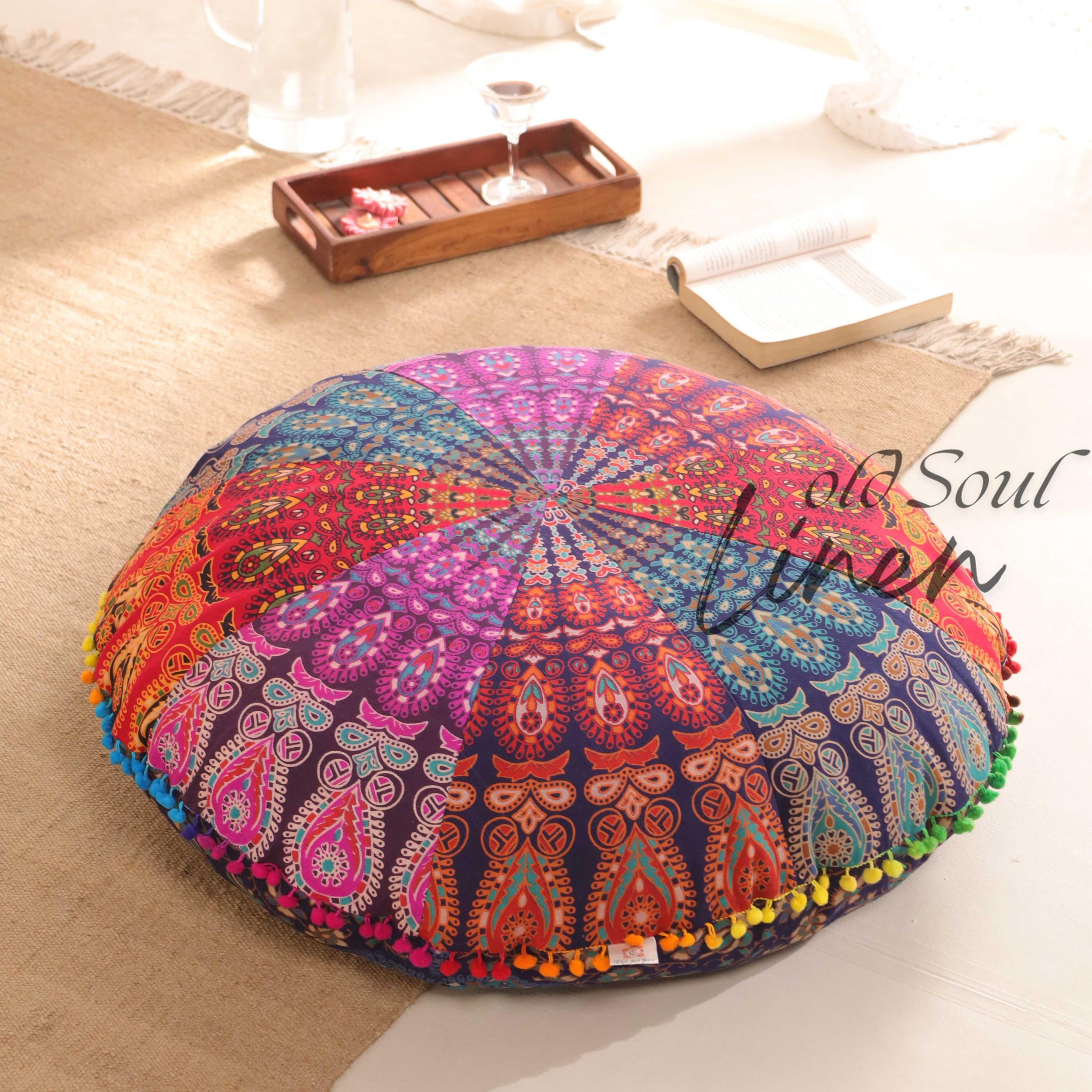 Pouf Indiano Artigianale Federa Cuscino Pavimento Bohémien - Cotone Stampato A Mano 60x20 Cm Arredamento Stile India - Foto 8