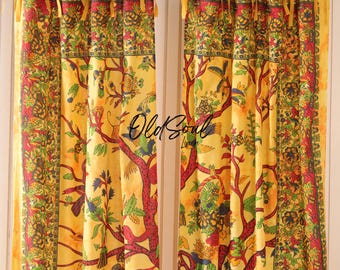 Cortinas Boho Árbol de la Vida - Paneles de ventana transparentes de algodón amarillo - Juego de 2
