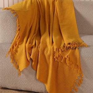 Yellow Mud Cloth Solid Throw Blanket, Boho Throw Blanket Organic Throw Cotton Bedspread, Decorative Knit Blanket for Sofa Couch