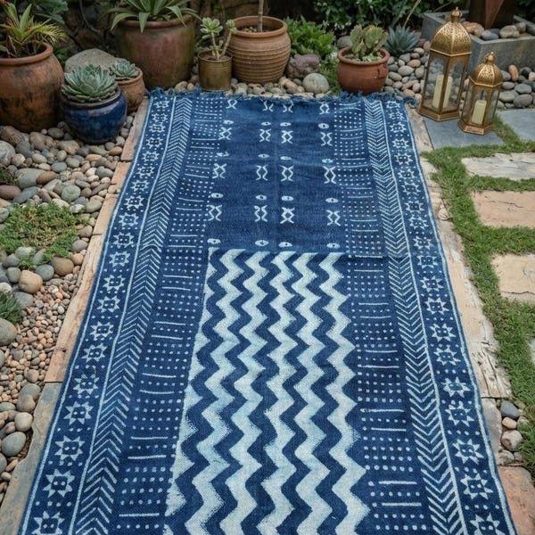 Blue Mudcloth Rug, Tribal Area Rug, Handwoven Cotton Carpet, Boho Living Room Rug, Farmhouse Decor