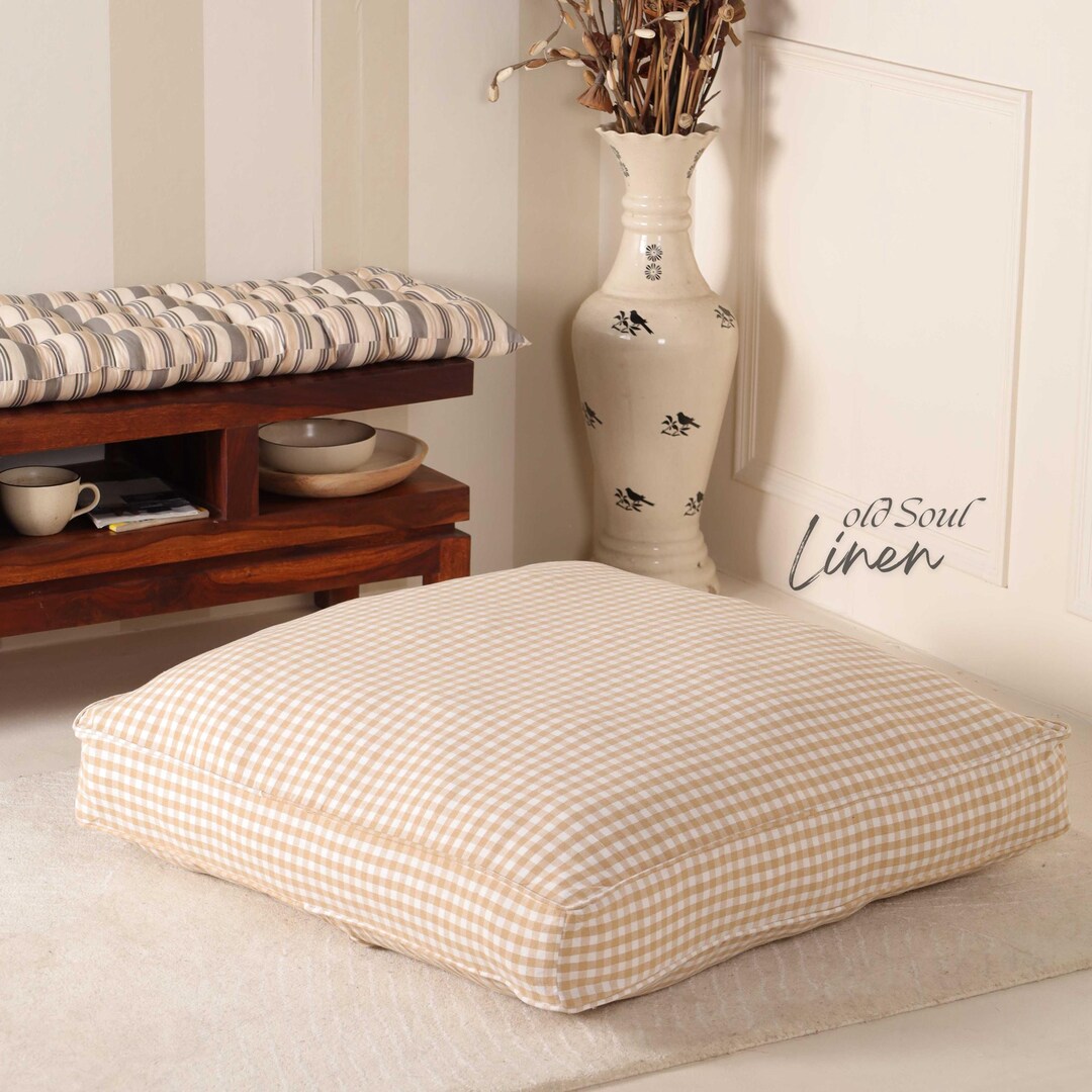 Gingham Floor Cushion, Large Square Seating Pillow, Beige Tan Check ...