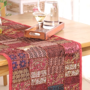 Patchwork Embroidered Table Runner: Vintage Sari Boho Decor