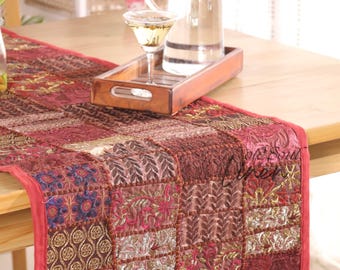 Patchwork Embroidered Table Runner: Vintage Sari Boho Decor