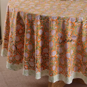 Orange Floral Block Print Tablecloth: Handmade Indian Cotton Dining Table Linen