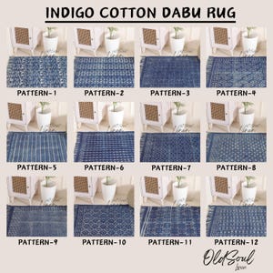Könnte beinhalten: Zwölf verschiedene Muster von Indigo-Baumwoll-Dabu-Teppichen. Die Teppiche werden auf einer weißen Oberfläche mit einem kleinen Holztisch und einer Topfpflanze in jedem Bild gezeigt. Der Text "INDIGO COTTON DABU RUG" befindet sich oben im Bild. Der Text "PATTERN-1" bis "PATTERN-12" befindet sich unter jedem Teppich. Der Text "Old Soul Linen" befindet sich unten im Bild.
