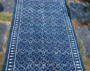 Tapis dhurrie indigo imprimé main : grand tapis en coton