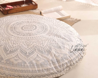 Silver Ombre Mandala Floor Pillow Cover - Bohemian Meditation Cushion, 22/32 Inch