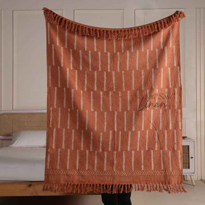 handwoven cotton throw, boho home decor blanket, terracotta throw blanket, rustic woven textile