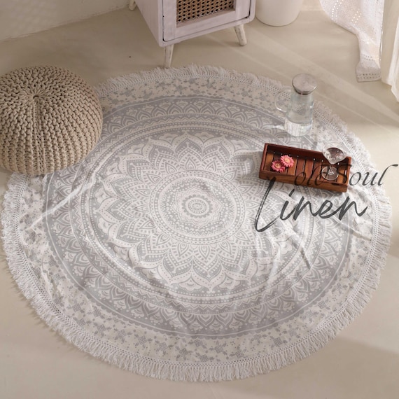Silver Ombre Mandala Round Tapestry: Boho Beach Blanket