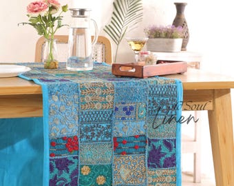 Embroidered Patchwork Table Runner: Vintage Sari Fabric, Turquoise Kilim