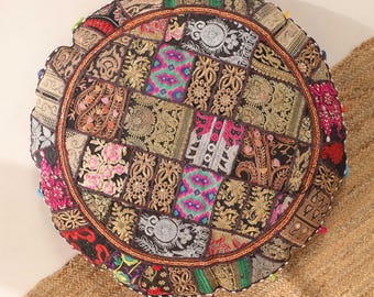 Handmade Mandala Floor Pillow - Embroidered Indian Seating Pouf (32")