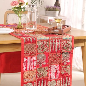 Vintage Indian Patchwork Table Runner: Embroidered Bohemian Tapestry