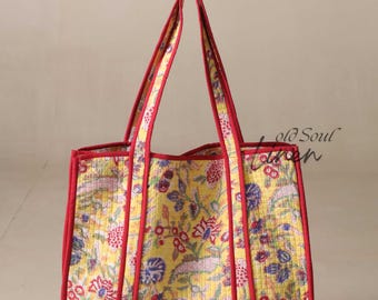 Handmade Quilted Cotton Tote Bag: Block Print Floral Shopping Bag