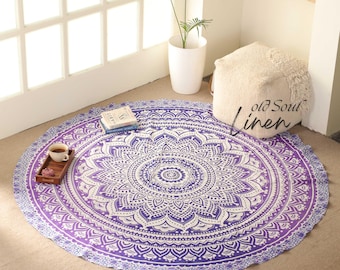 Violet Mandala Round Beach Towel: Boho Cotton Tapestry, Picnic Blanket