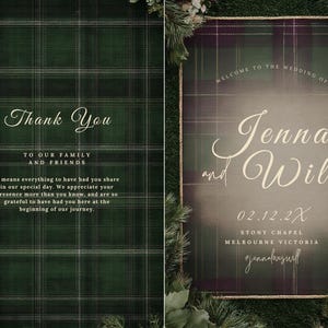 Schots huwelijksprogramma sjabloon | Donkergroene Tartan Canva-sjabloon | Bewerkbare volgorde van gebeurtenissen | Hooglanden Bruiloft Printbaar