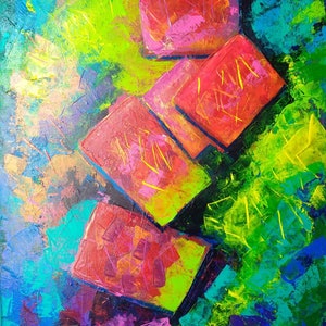 Optimistisch helder eigentijds getextureerd kleurrijk abstract minimalistisch acrylschilderij muurkunst decor geometrische figuur op canvas 27 x 35 in