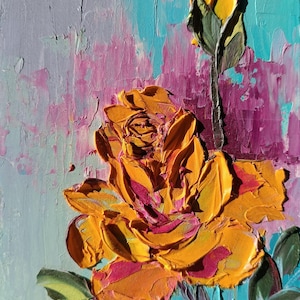 Impasto abstracto amarillo rosa flor floral original hecho a mano pintura al óleo sobre cartón 6 x 8 pulgadas