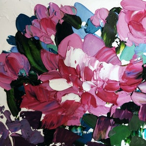 Impasto original abstracto peon flores floral optimista pintura al óleo hecha a mano sobre cartón 4 x 4 in