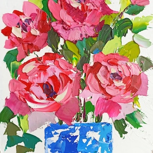 Impasto rojo abstracto rosas flores bodegón floral pintura al óleo original sobre cartón 6x8 in