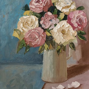 Impasto texturizado original optimista flores florales bodegones con rosas pintura al óleo 9,2 por 11,8 sobre cartón