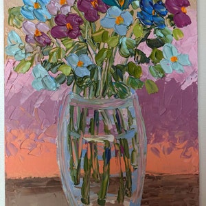 Miosótis arte original flores florais impasto pintura a óleo otimista pequena arte de parede 5 por 7 polegadas cores delicadas