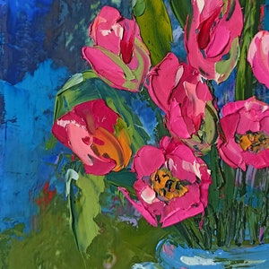 Impasto rosa abstracto tulipanes flores floral optimista original pintura al óleo sobre cartón 5 x 7 in