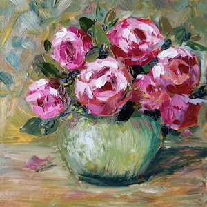 Peonía rosa peonías flores floral optimista pintura al óleo original hecha a mano sobre cartón 7 x 7 pulg.
