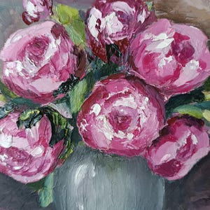 Peonías rosas, flores, floral, optimista, pintura al óleo original hecha a mano sobre cartón, 6 x 8 pulgadas