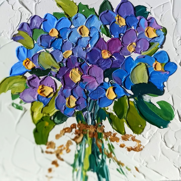 Struktur blau abstrakte Vergissmeinnicht Blumen blumen optimistisch original handgemachte Ölmalerei auf Karton 10 x 10 cm