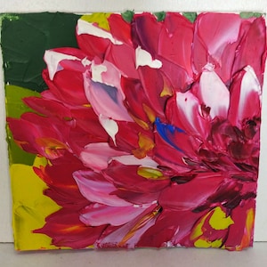 Impasto textura rosa abstracto georgina flor floral optimista original pintura al óleo hecha a mano sobre cartón 8,5 x 8,3 cm