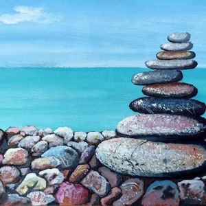 A paisagem azul do mar apedreja a pintura a óleo original feito a mão do estilo do realismo