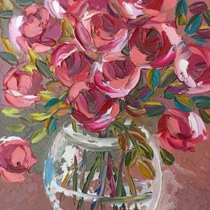 Impasto textura peonía flores bodegón floral bodegón optimista original pintura al óleo hecha a mano sobre cartón 8 x 8 rosa púrpura beidge