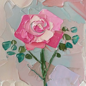 Impasto textura rosa abstracto rosa rosa flores floral optimista original hecho a mano pintura al óleo sobre cartón 4 x 4 en