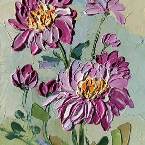 Pintura al óleo original hecha a mano sobre cartón, con flores de empasto, crisantemo floral, margarita dorada, abstracta, 5 x 7